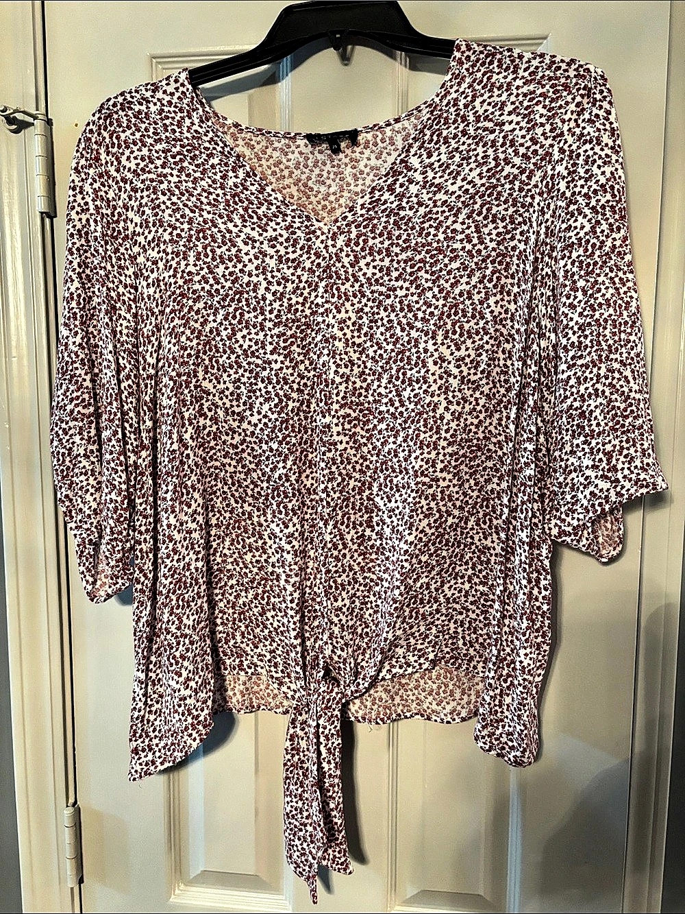 1. State White Tie Hem Top with Small Red Floral Pattern